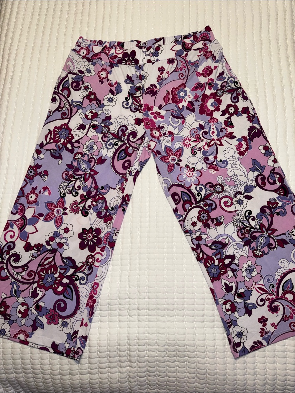 Susan Graver Liquid Knit Wide Leg Pant: Pink, Purple & White Floral, L